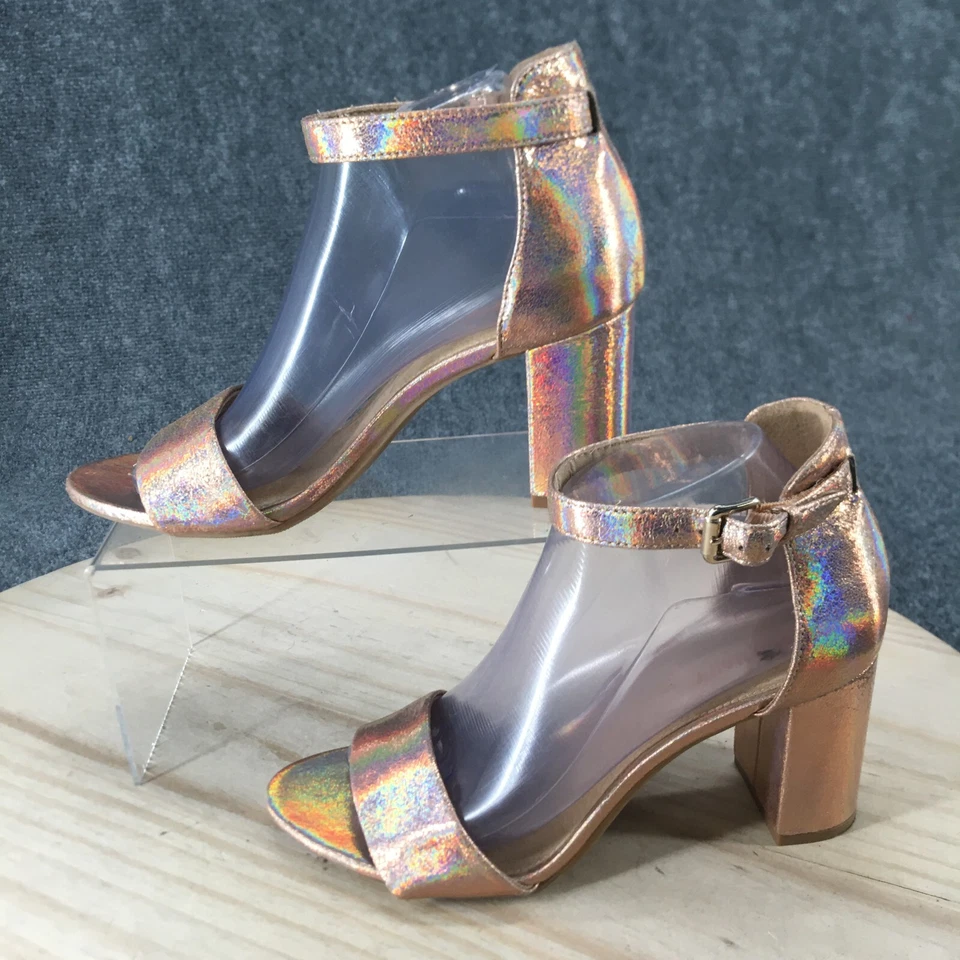 Sandalias antiguas azul marino para mujer 8 oro rosa correa al tobillo multicolor bloque tacones informales Foto 2 de 4