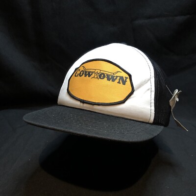 VTG Cow Town Hanes Trucker Hat Mesh Patch Logo Black White With Tag
