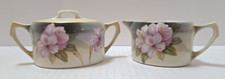 Vintage Porcelain Cream Pitcher & Sugar Bowl w/Lid Pink Floral w/Gold Trim
