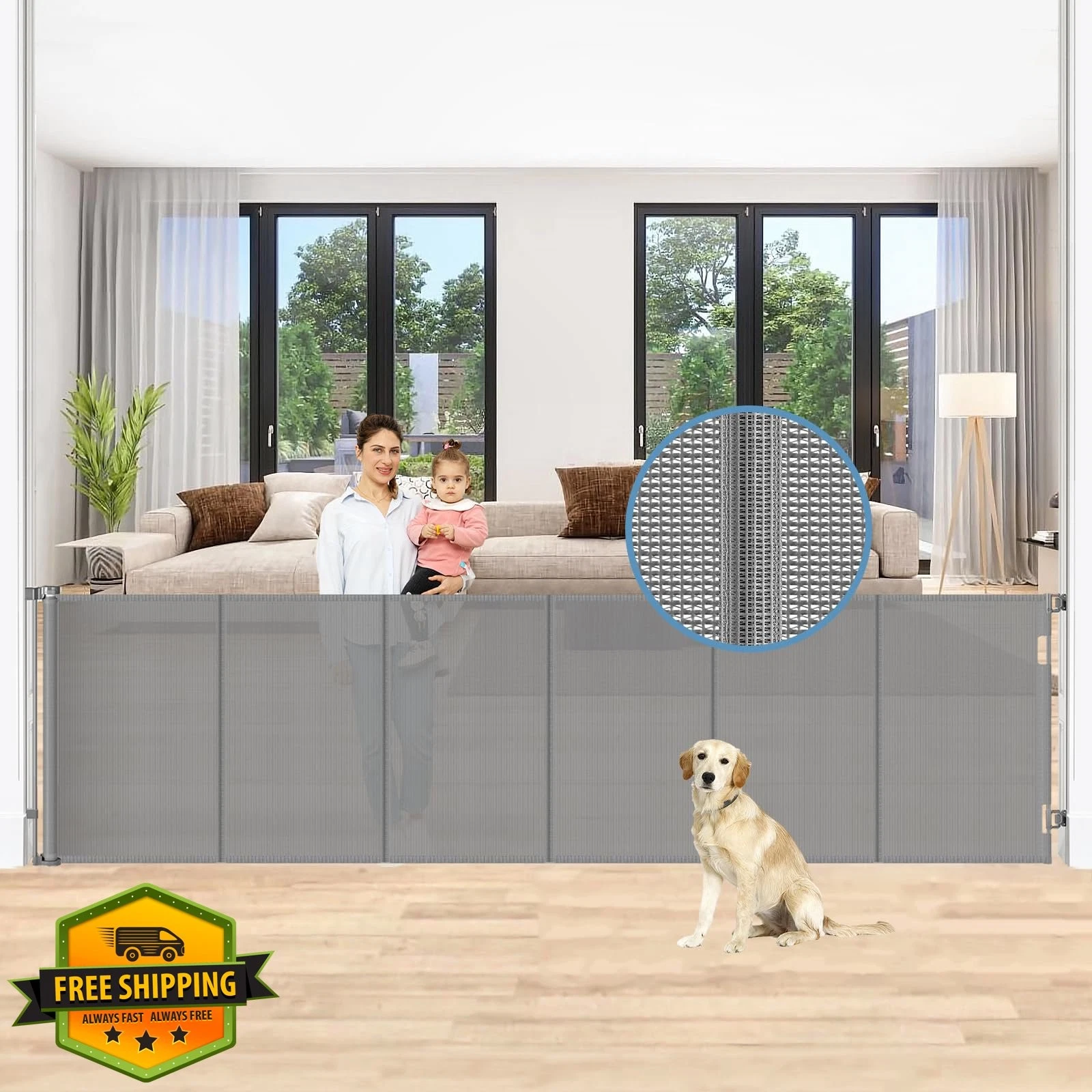 Extra Wide Retractable Baby Gate Gray 150 Inch