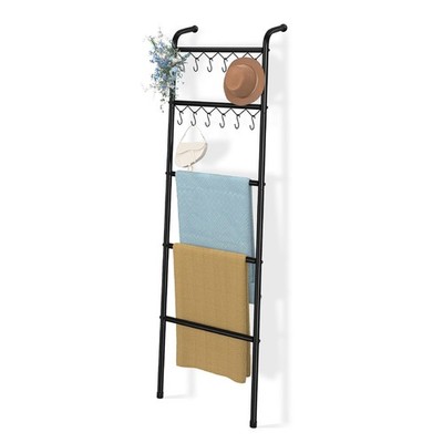 Blanket Ladder，5 Tier Metal Towel Rack with 12 Hooks, 79'' Metal Style Decora...