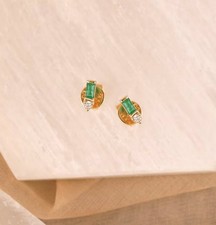 Baguette Emerald &Diamond Tiny Stud Earring in 14kYellow Gold Minimalist Jewelry