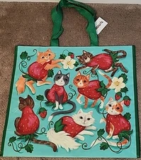TJ MAXX Cute Cats As Strawberries- Large Reusable Shopping Tote Eco Bag