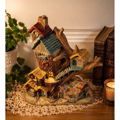 Enchanted Hobbit Fairy Tree Village 13.5'' Tall Lamp Handmade Fantasy Art