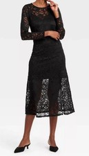 A New Day Women's Long Sleeve Midi Lace Dress Black Floral Dress Size S