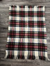 vintage wool throw blanket a traditional tartan plaid white,red, green 41 x32