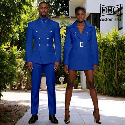African Couple Clothes Tailor Made Men Jacket Pants Set Women Thigh Length Dress