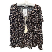 CY FASHION Blusa Campesina Floral Calicó Negra Borde con Volantes Boho Cottagecore Pequeña