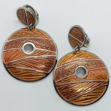VTG EDGAR BEREBI ABSTRACT ORANGE ENAMEL SILVER HOOP STATEMENT EARRINGS CLIP-ON