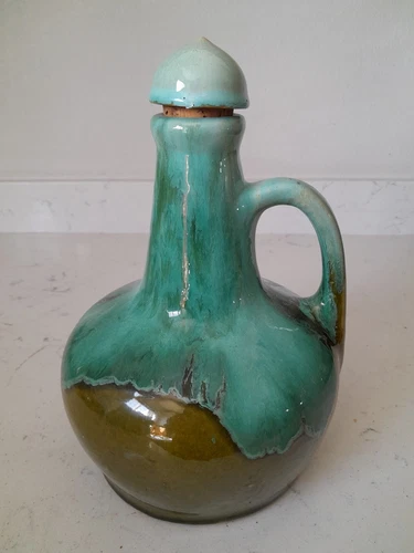 Vintage 1950s Brush McCoy Pottery Drip Glaze Teal & Olive Large Musical Jug