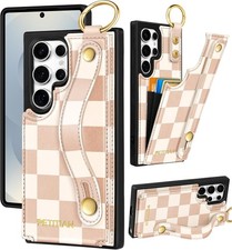 Samsung Galaxy S22 Ultra Wallet Stand Case - Cute Girly Aesthetic Design Khaki C