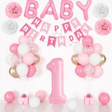 1st Birthday Decorations for Girls, 40 Inch Number 1 Balloon Pastel White Pink