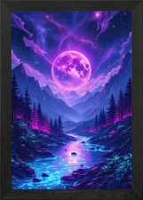 Neon Moonlit Mountain River Landsca Framed Wall Art Poster Canvas Print Picture