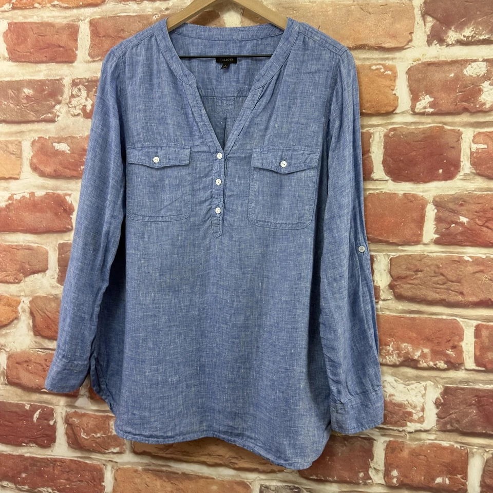 Camiseta túnica informal Henley Popover 100 % lino azul grande de Talbots para mujer Foto 3 de 4