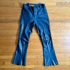 70s EAST WEST Musical Instruments Blue Leather Flare Pant Vtg 27 29 Wms Sz S 2 4