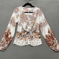 Free People Top Womens S White Floral Knot Front Button Up Boho Festival Hippie