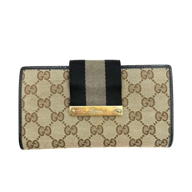 9.09 Live GUCCI Monogram Calfskin Ladies Web Long Wallet Beige D123