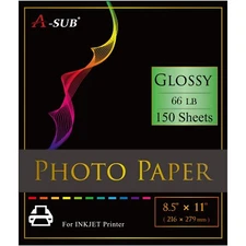 A-SUB Premium Glossy Photo Paper 8.5x11 66lb 150 Ct Inkjet Printer Canon Epson
