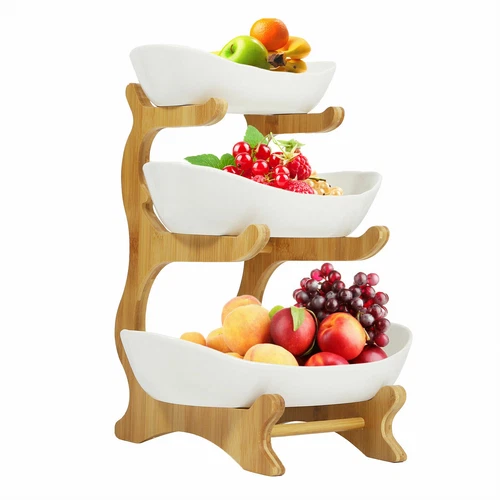Obst Etagere 3 stöckig Obstkorb Obstschale Küche Keramik Schüssel Bambusständer - Bild 1 von 12