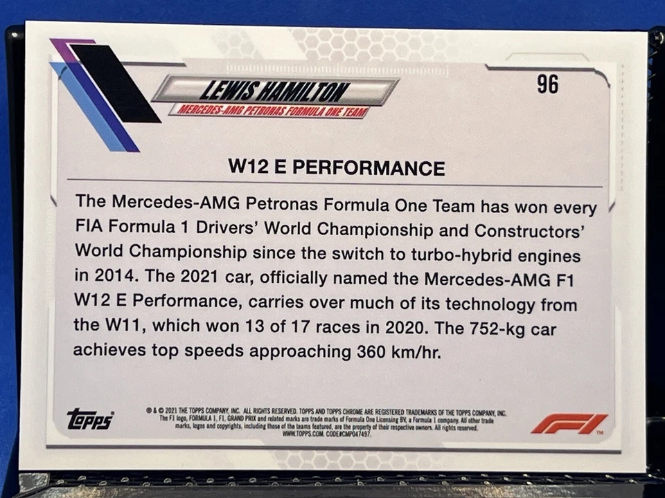 2021 Topps Chrome Formula 1 LEWIS HAMILTON F1 96 - Image 2 of 2