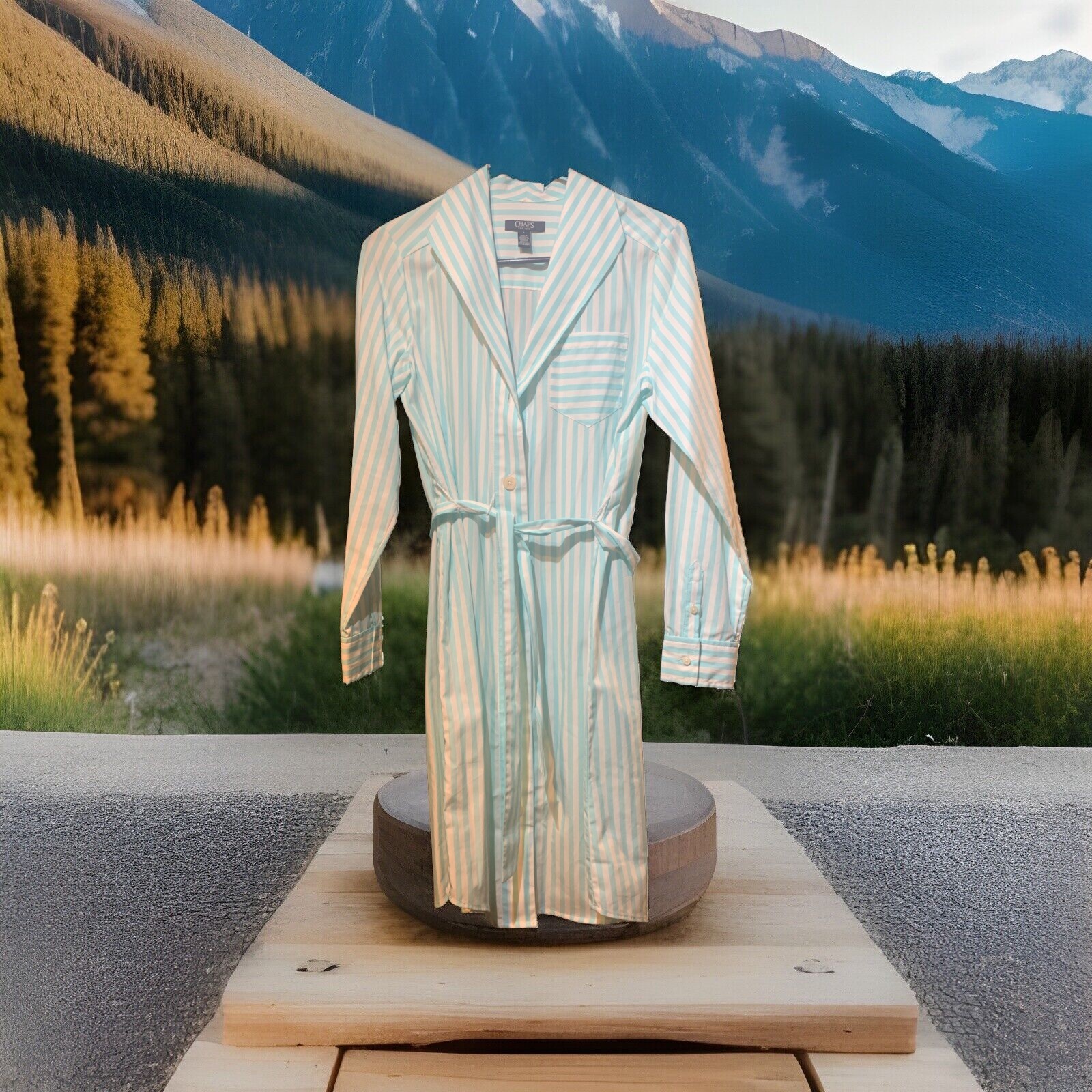 Vestido Camisa Chaps Para Mujer Manga Larga Botón Frontal Talla 6 Blanco Aqua Rayas Nuevo con Etiquetas