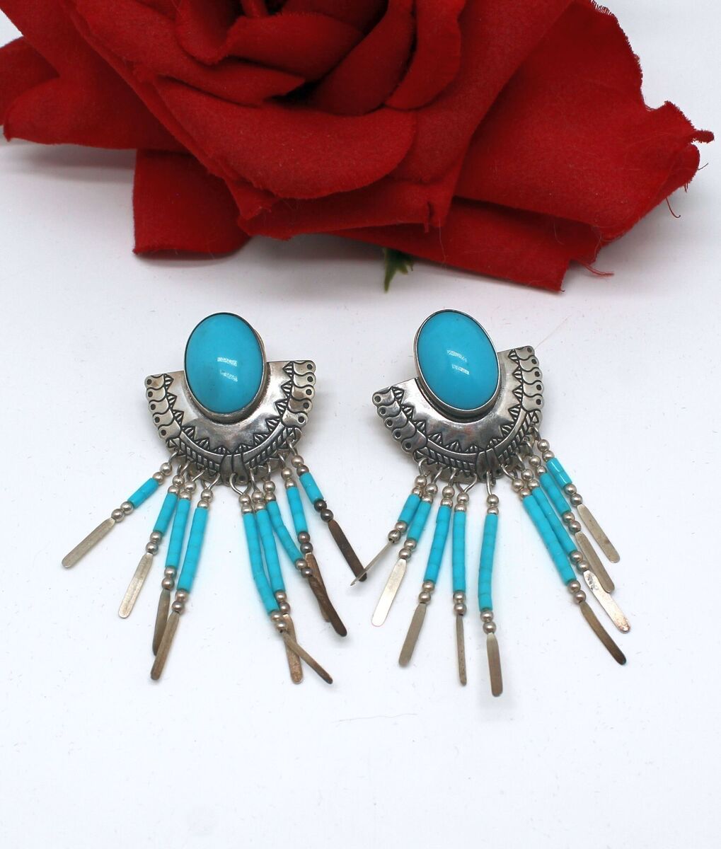 Fabulous Vintage Native American Navajo Turquoise Sterling Silver Hoop Earrings Fabulous Vintage Native American Navajo Turquoise Sterling Silver Hoop Earrings