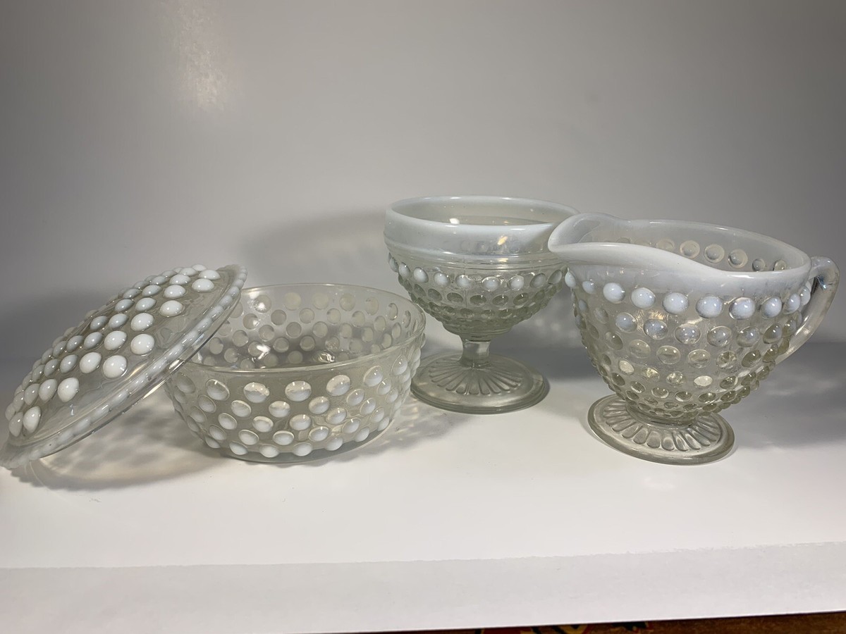 USAヴィンテージFentonフェントン　クリアホブネイル　ウォーターゴブレット Lot Of Vintage Fenton Hobnail Opalescent - Candy Dish W/lid