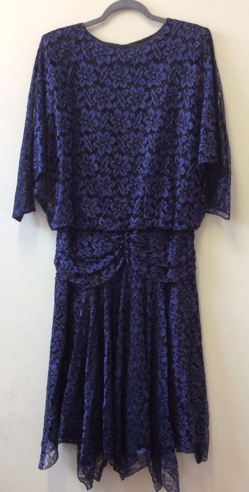 1980s Berketex Occasions Purple Lace Drop Waisted Dress UK 10