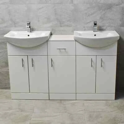 HYDROS 1450mm Double Vanity Sink Unit White Gloss Finish Two Basins Bathroom Storage