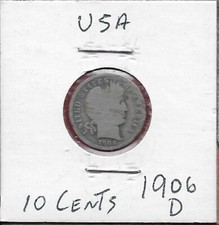 USA BARBER DIME 1906-D LIBERTY HEAD FACING RIGHT,DENOMINATION BELOW,SCRIPT:LATIN