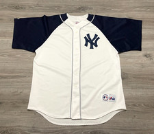 Vintage 90s New York Yankees MLB Majestic Sewn Baseball Jersey Mens L White Blue
