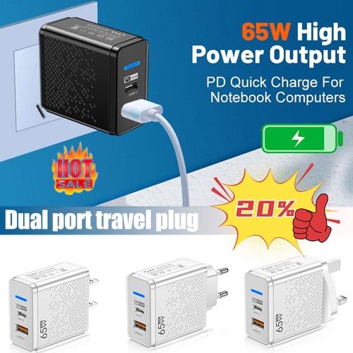 Adaptateur chargeur mural prise 65 W PD 2 ports USB-C type C 14 Pro pour iPhon Prof - Photo 1/13