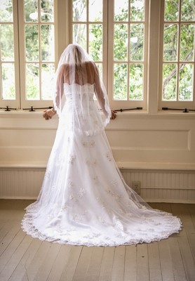 satin wedding dress with lace overlay