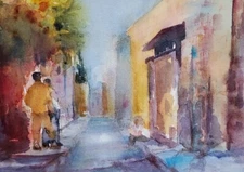 An Orginal watercolor painting by Rose Sinatra - "Italy Street Scene"