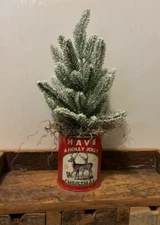 New Primitive Farmhouse Rustic CHRISTMAS TREE IN HOLLY JOLLY METAL CAN Container