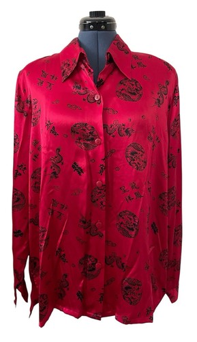 VTG Dorman Womens Red Black Asian Dragon Silk Blouse Old Money Slouchy 80s L - Picture 2 of 14