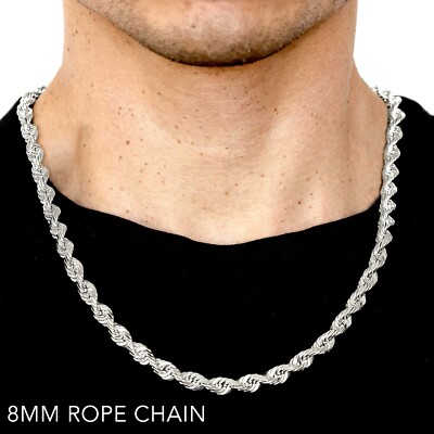 10k White Gold 8mm Solid D/Cut Rope Chain Necklace Size 16''-30''
