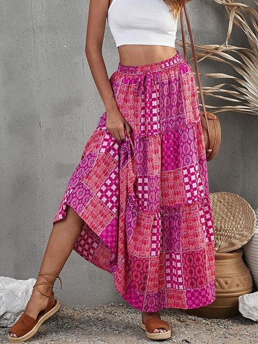 New Womens Bohemian National Style Printed High Waist Skirt Holiday Style Dress - Picture 12 of 15