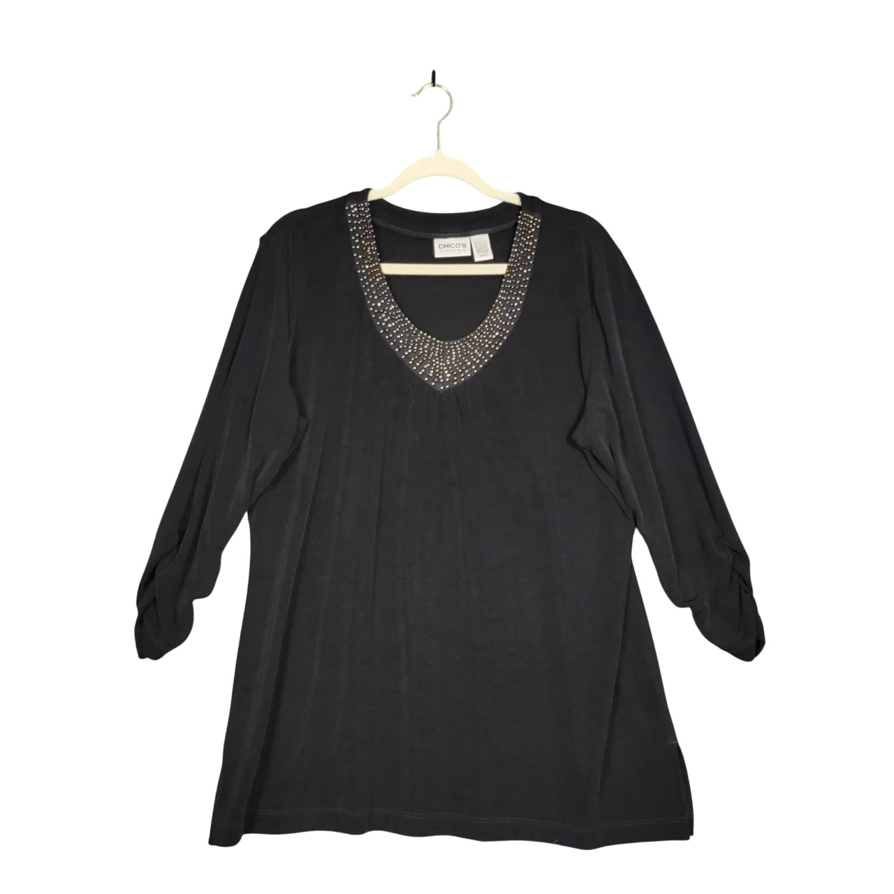 CHICOS TRAVELERS Black Beaded Neck Ruched Sleeve Slinky Knit Top SIZE 3 US XL 16
