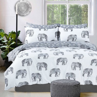 White And Grey Elephant Paisley Duvet Quilt Cover Bed Set Single