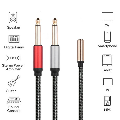 1/8 inch 3.5mm TRS to Dual 1/4 inch 6.35mm TS Mono Plug Splitter Y Cable convert - Picture 3 of 8