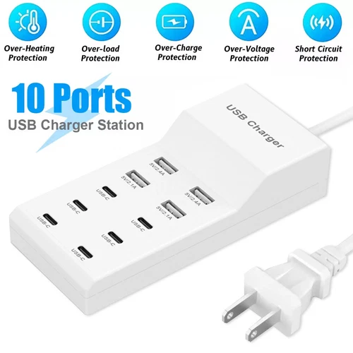 Multi 10 Port USB C Charger Station Wall Type C Fast Charging Adapter USB Hub - Picture 4 of 12
