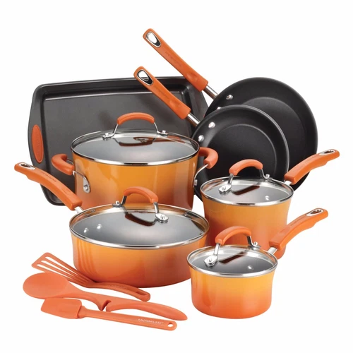 Cookware Set 14-Piece Pots Pans Non-Stick Kitchen Hard Enamel Orange Rachel Ray 