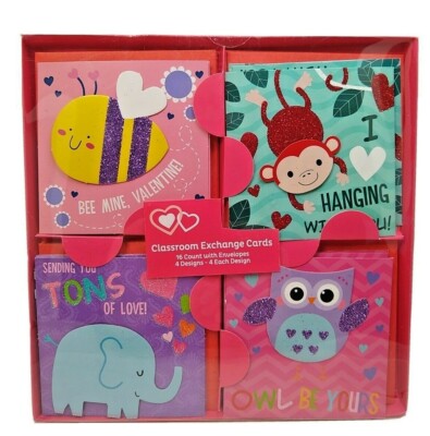 2-D Animals Valentines & Envelopes 16 kids classroom in 4 Designs  New 