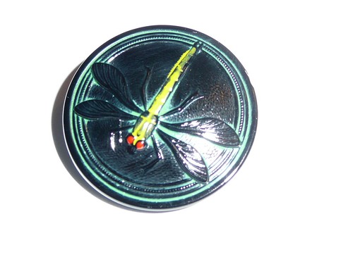 Awesome Green Dragonfly Black Opaque Czech Glass Shank Button 31.5mm Dragonfly - Picture 4 of 8