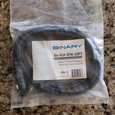 Binary XLR Female to Male Cable 10 ft Gold Contacts Black B6-XLR-3FM-10FT