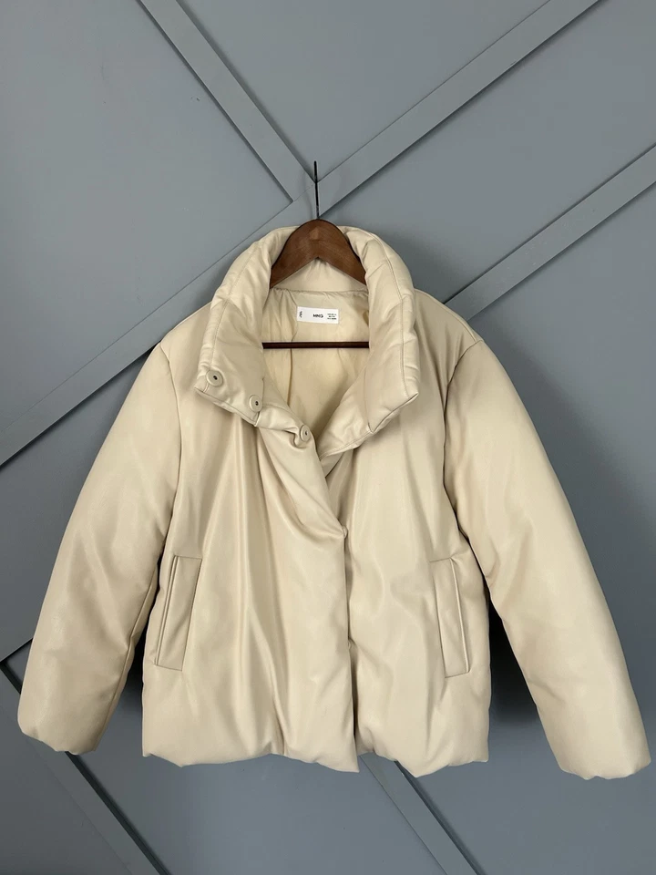 MNG Mango Beige Faux Leather Puffer Jacket, Size XS - Stylish & Warm - Image 2 of 4