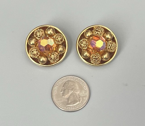 VTG Gold Tone Beaded Cluster Clip On Earrings Aurora Borealis Crystal Centers - Picture 2 of 7
