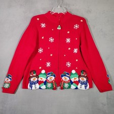 VTG Tiara International Christmas Sweater Womens L Red Snowmen Embroidered 2003