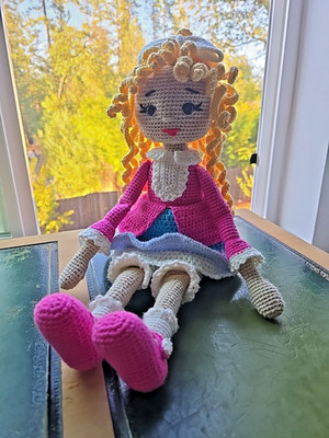 NEW Handmade Crochet 15'' Doll Stuffed Toy Blond Curly Hair Brown Eyes ''Malvina''